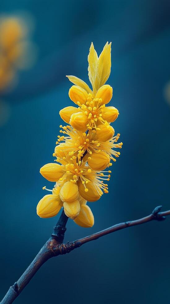 A close up of a yellow flower on a branch photo