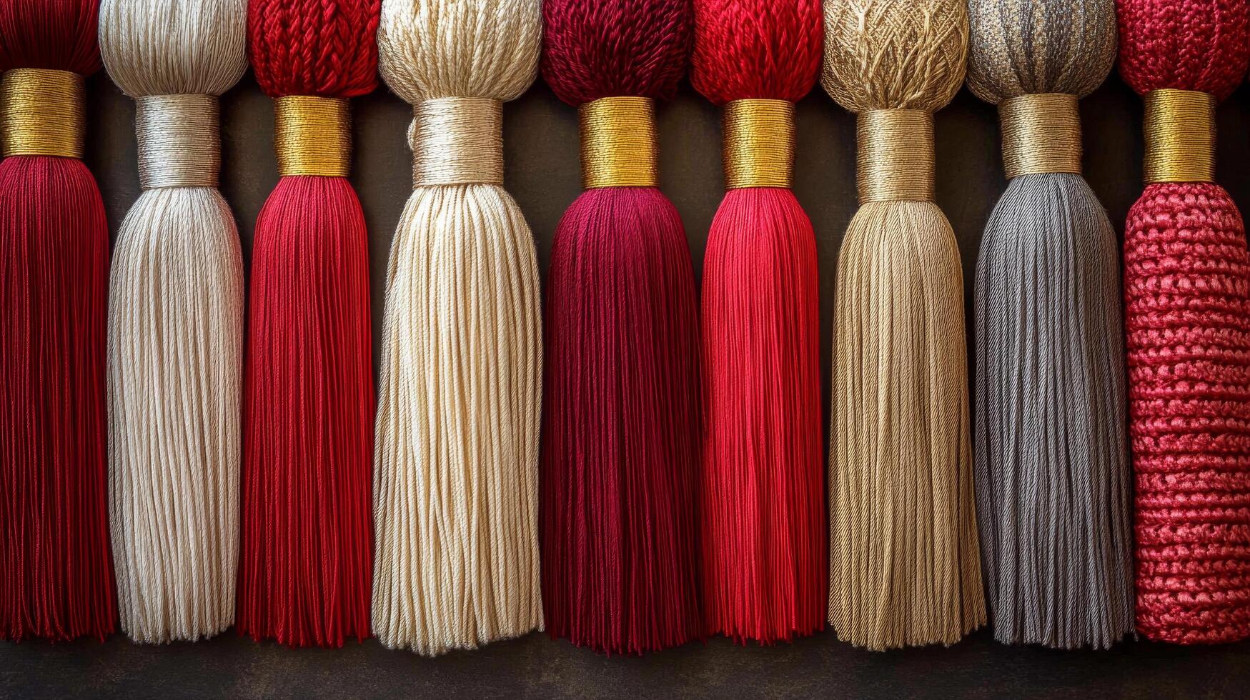 A row of red, white and grey tassels photo