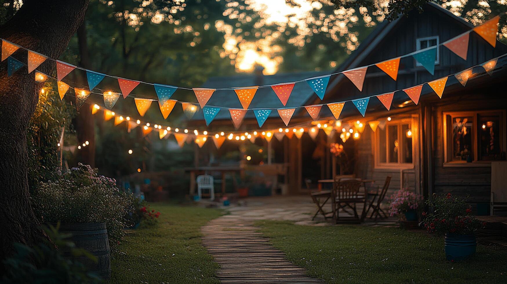 Colorful bunting and vibrant flowers at sunset in a garden celebration photo