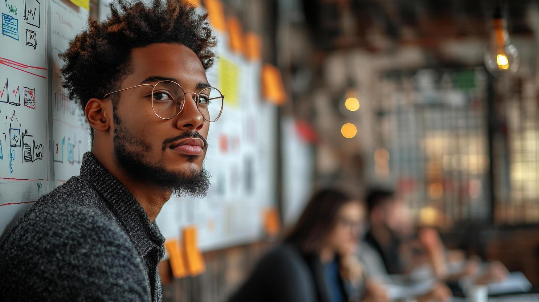Young man with glasses sitting in creative workspace during brainstorming session with colleagues photo