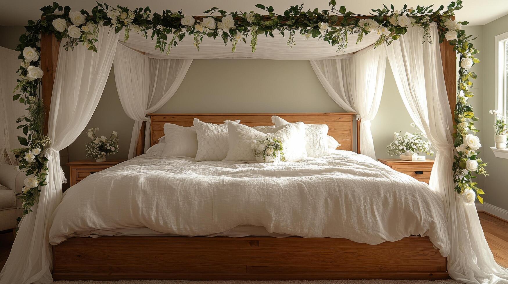 A bed with white sheets and a canopy photo