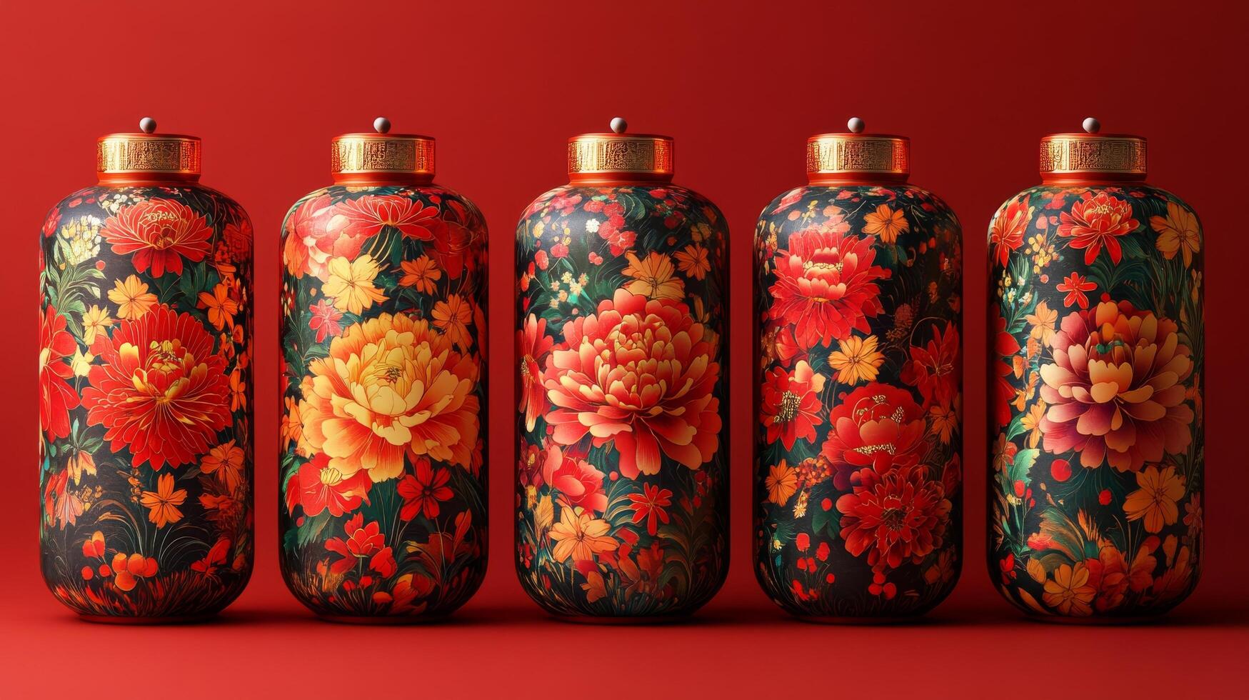 A row of colorful vases with floral designs photo