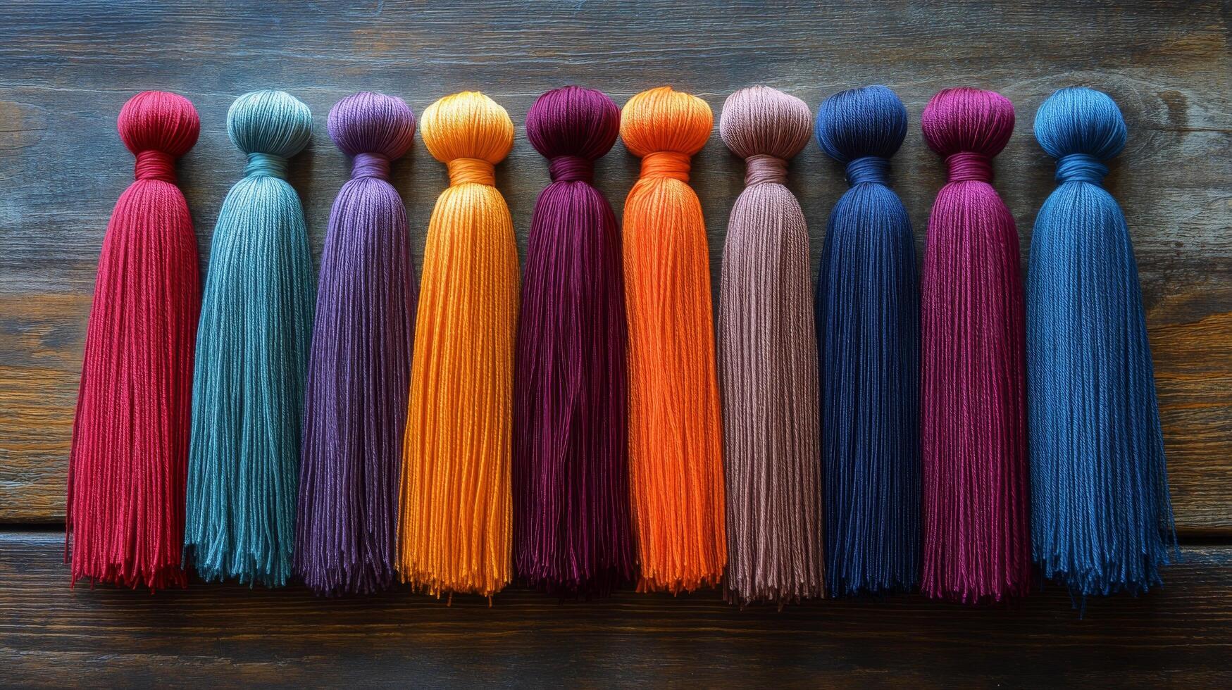 A row of colorful tassels on a wooden table photo