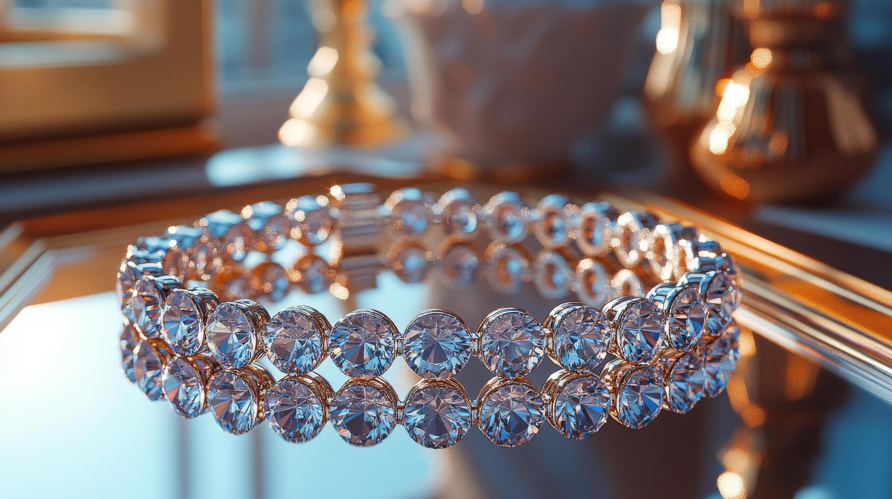 A diamond bracelet on a table in front of a window photo
