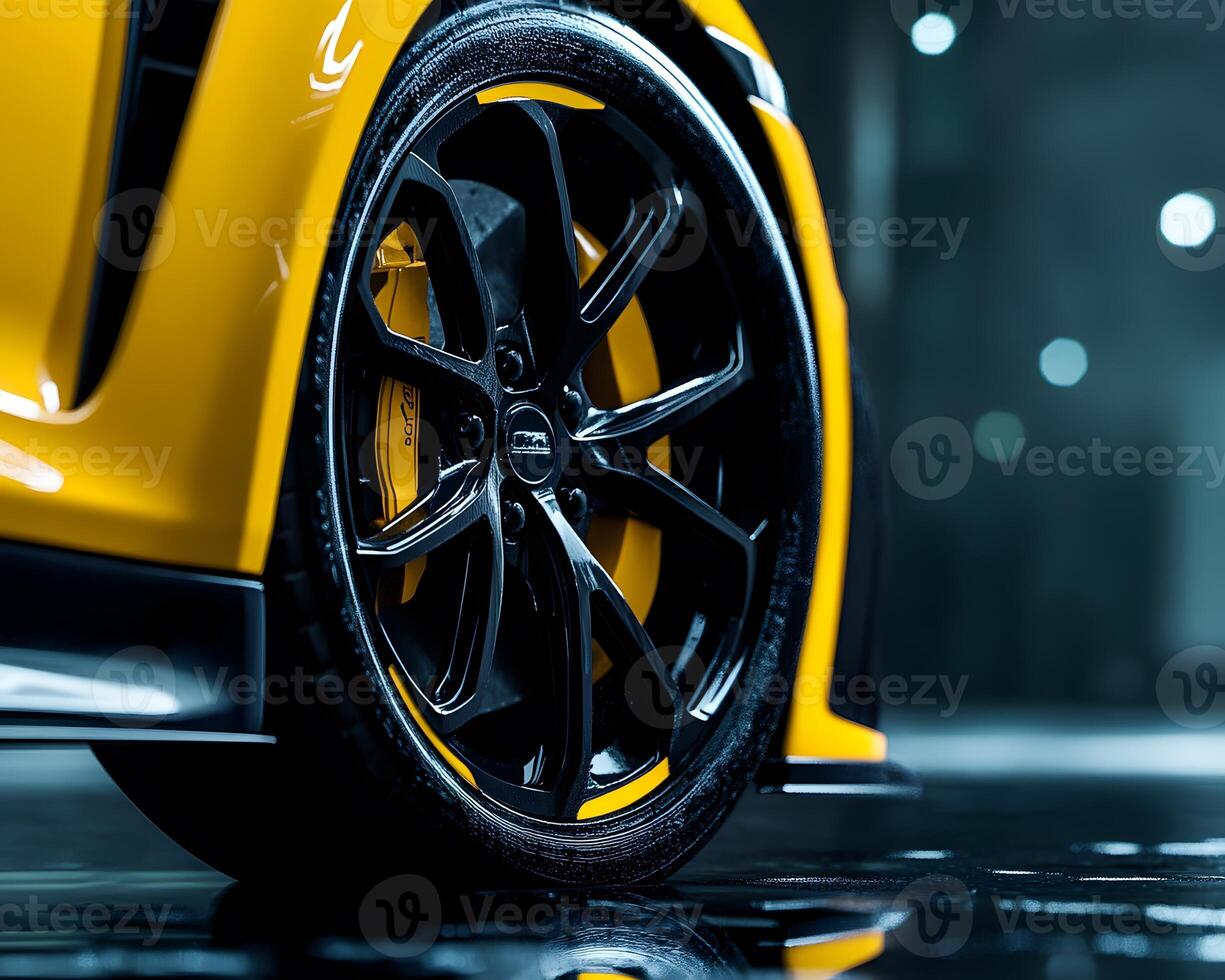 Yellow Sports Car Wheel with Black Alloy and Yellow Brake Caliper photo
