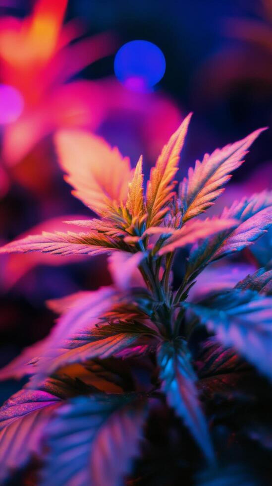Marijuana plants in a dark room with colorful lights photo