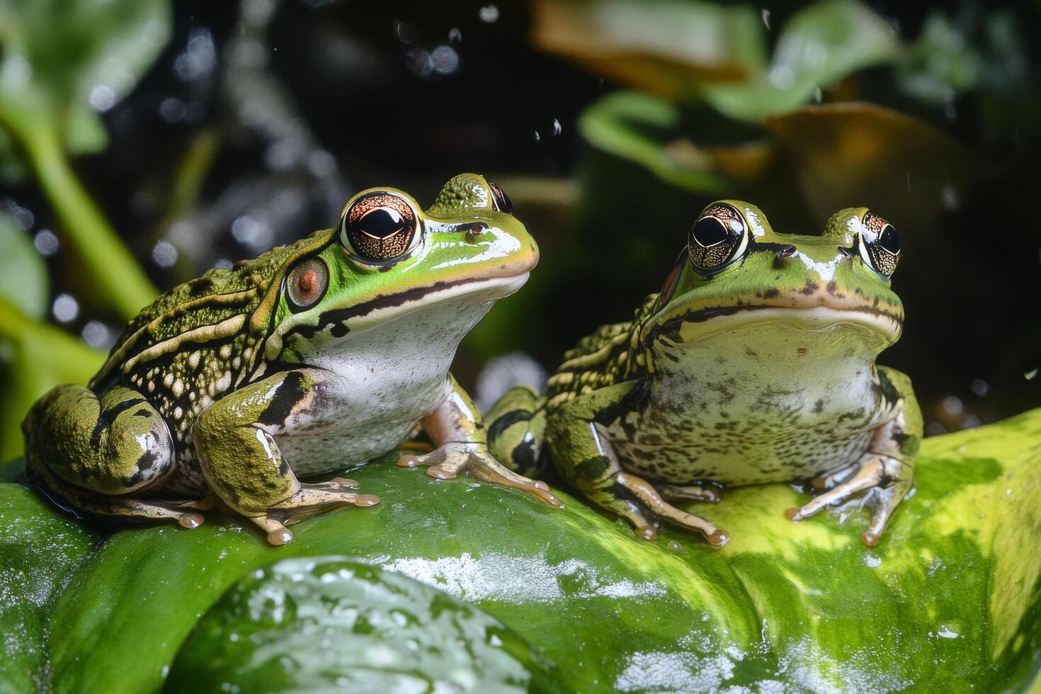 Two frogs sitting on top of a leaf photo