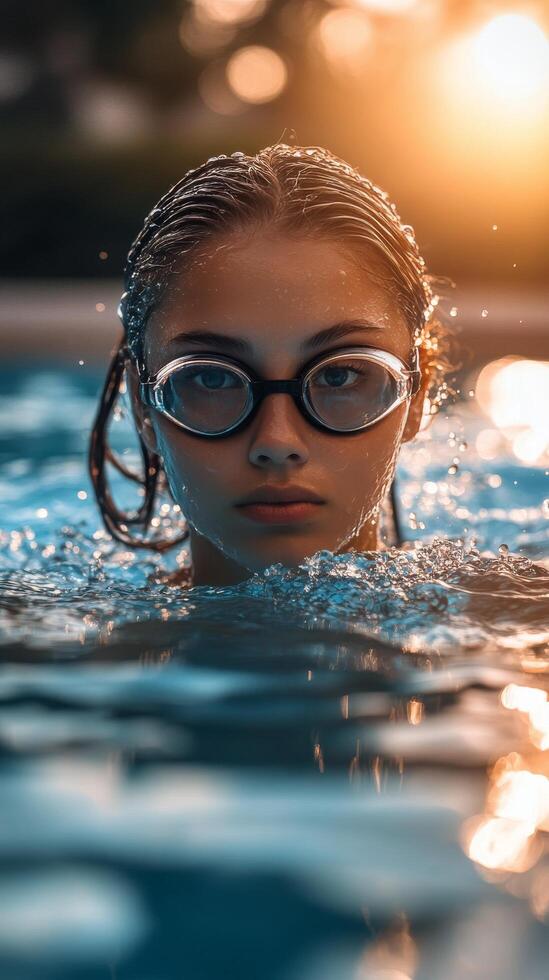A young girl wearing goggles in the pool photo
