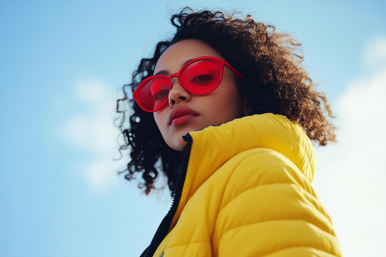 A woman with curly hair and red sunglasses photo