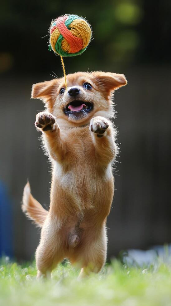 A small dog is playing with a ball photo