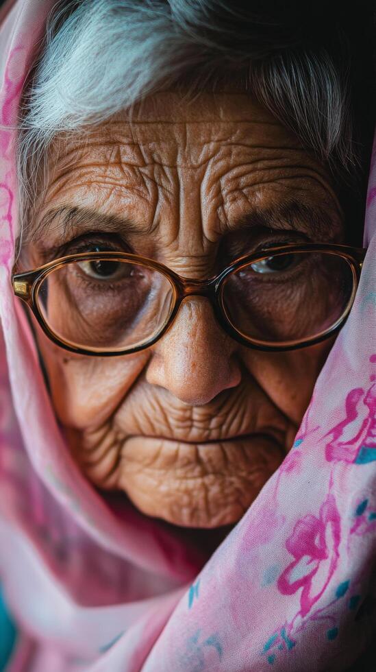 An old woman with glasses and a scarf photo
