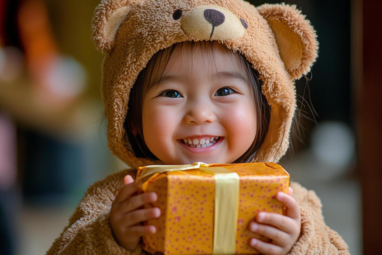 A little girl in a teddy bear costume holding a gift photo