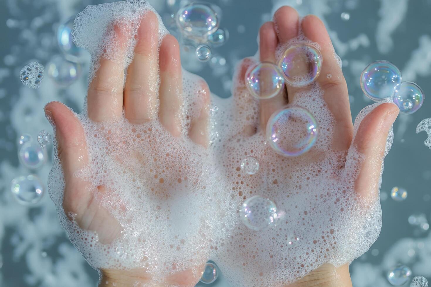 A person's hands are in the water with soap bubbles photo