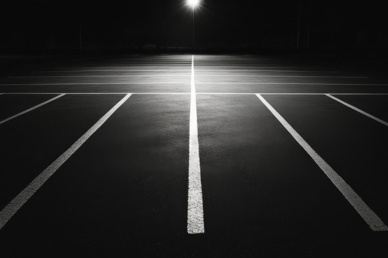 Black and white photograph of empty parking lot at night photo
