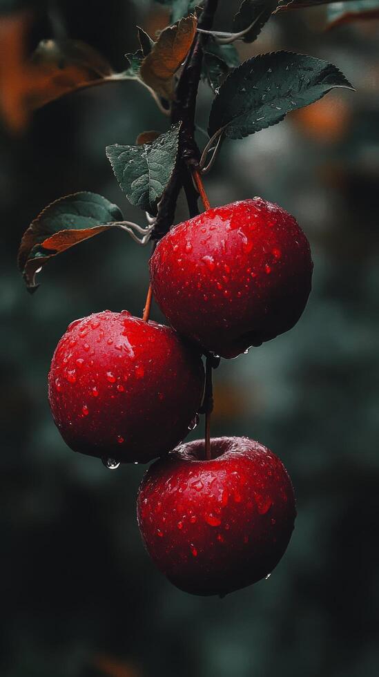 Three red apples hanging from a tree with water drops photo