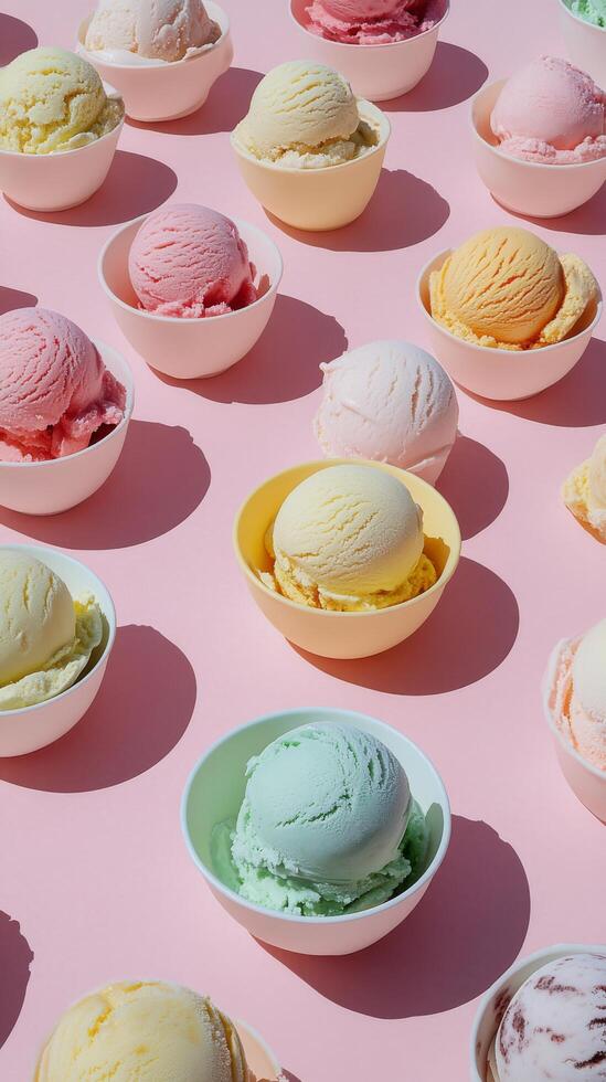 A large number of different colored ice creams in bowls photo