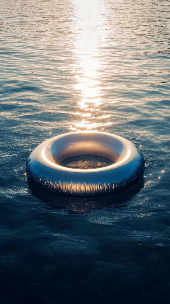 An inflatable life ring floating in the water photo