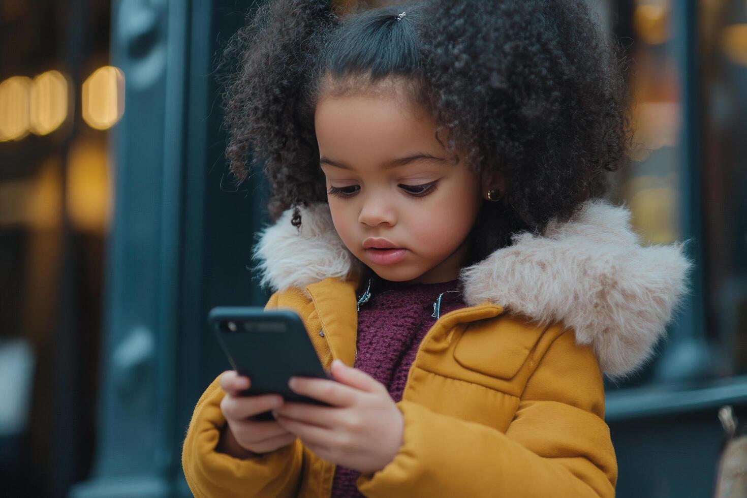 A young girl in a yellow coat is looking at her phone photo