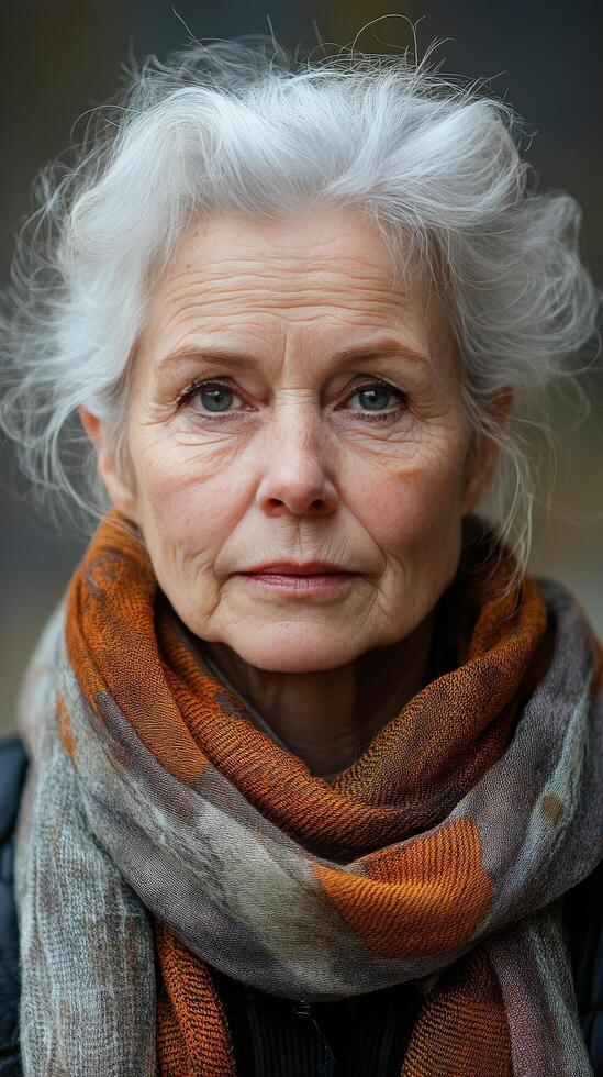 A woman with white hair and a scarf photo