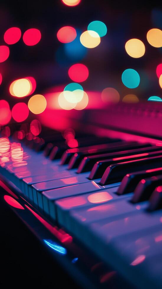 A piano keyboard with lights in the background photo