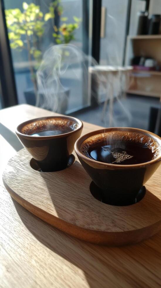 Two cups of coffee on a wooden tray photo