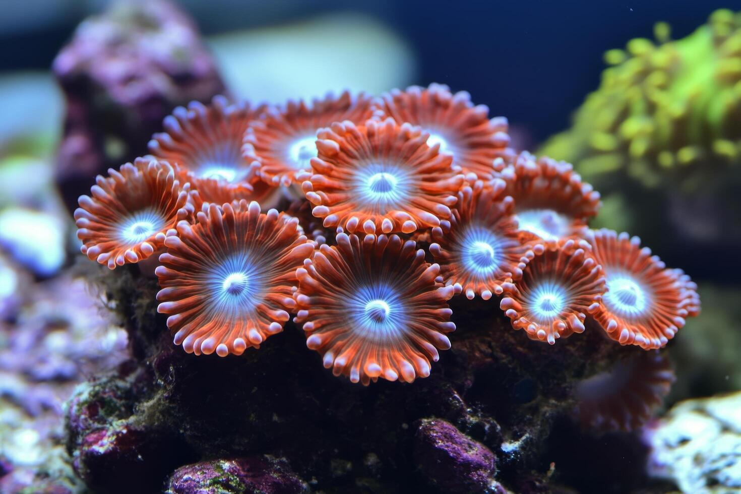 A close up of a coral with many bright orange and white flowers photo