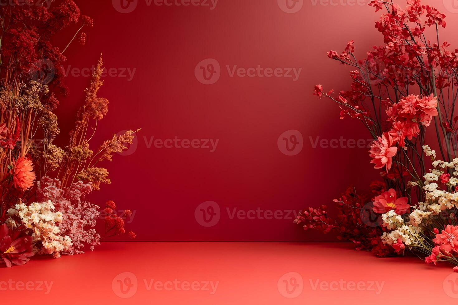 Dried and Fresh Flower Arrangement Against Red Background photo
