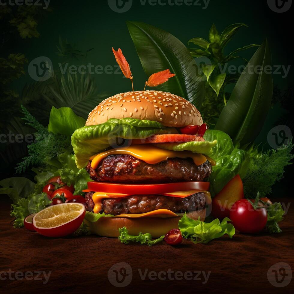 Double Cheeseburger with Garnishes and Tropical Foliage photo