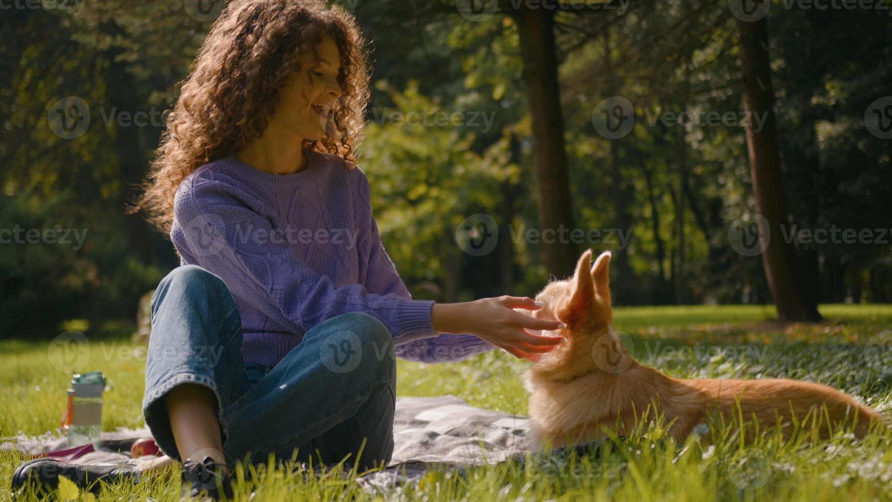 Caucasian young woman girl playing with cute little friend dog welsh corgi on grass outdoors female handler pet owner stroking puppy relaxing in city park nature human and domestic animal friendship photo