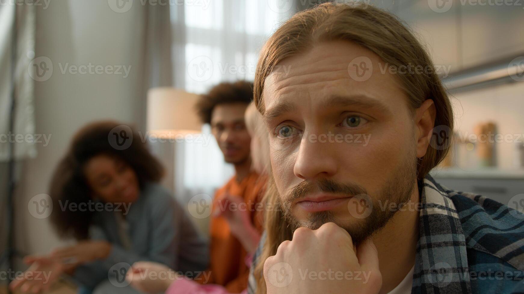 Multiracial people multiethnic friends African American buddies talking happy communicate ignoring sad stressed thinking worried Caucasian man guy male depressed panic attack at home social problem photo