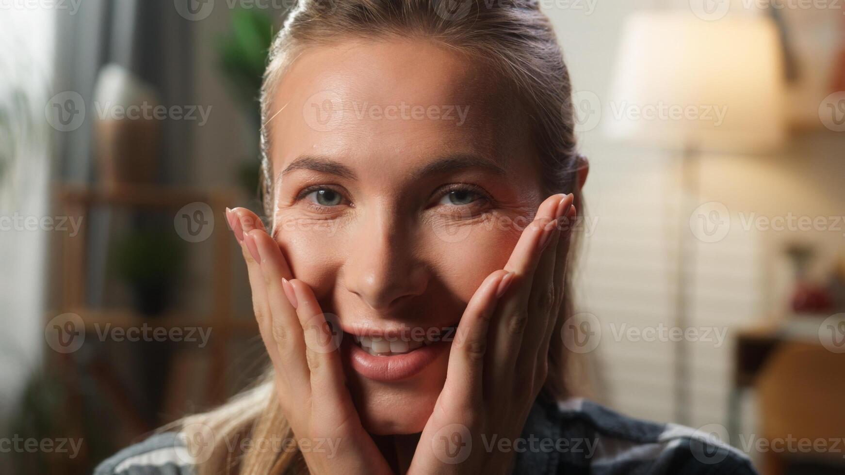 Portrait at home amazed stunned disbelieve reaction big eyes open mouth successful achieve winning prize casino victory Caucasian woman female girl looking at camera surprise shock wonder wow excited photo
