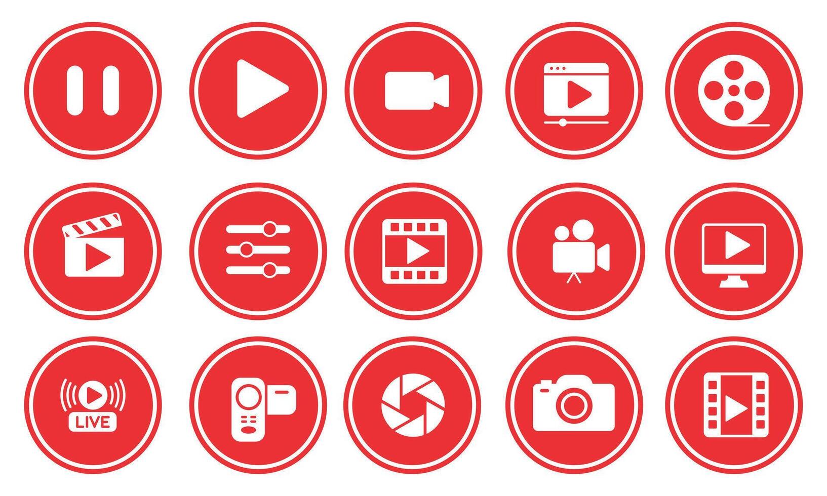 player icon set. Containing play or start button, pause or stop, media, camera, live, cinema, multimedia, film, handycam, clapperboard, movie, streaming or online . illustration vector