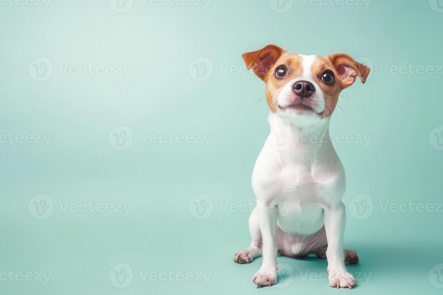 White and Brown Dog Sitting on a Light Blue Background photo