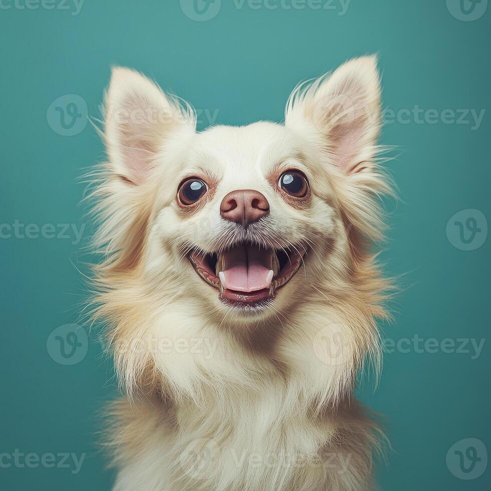 A White Chihuahua with a Big Smile and Teal Background photo