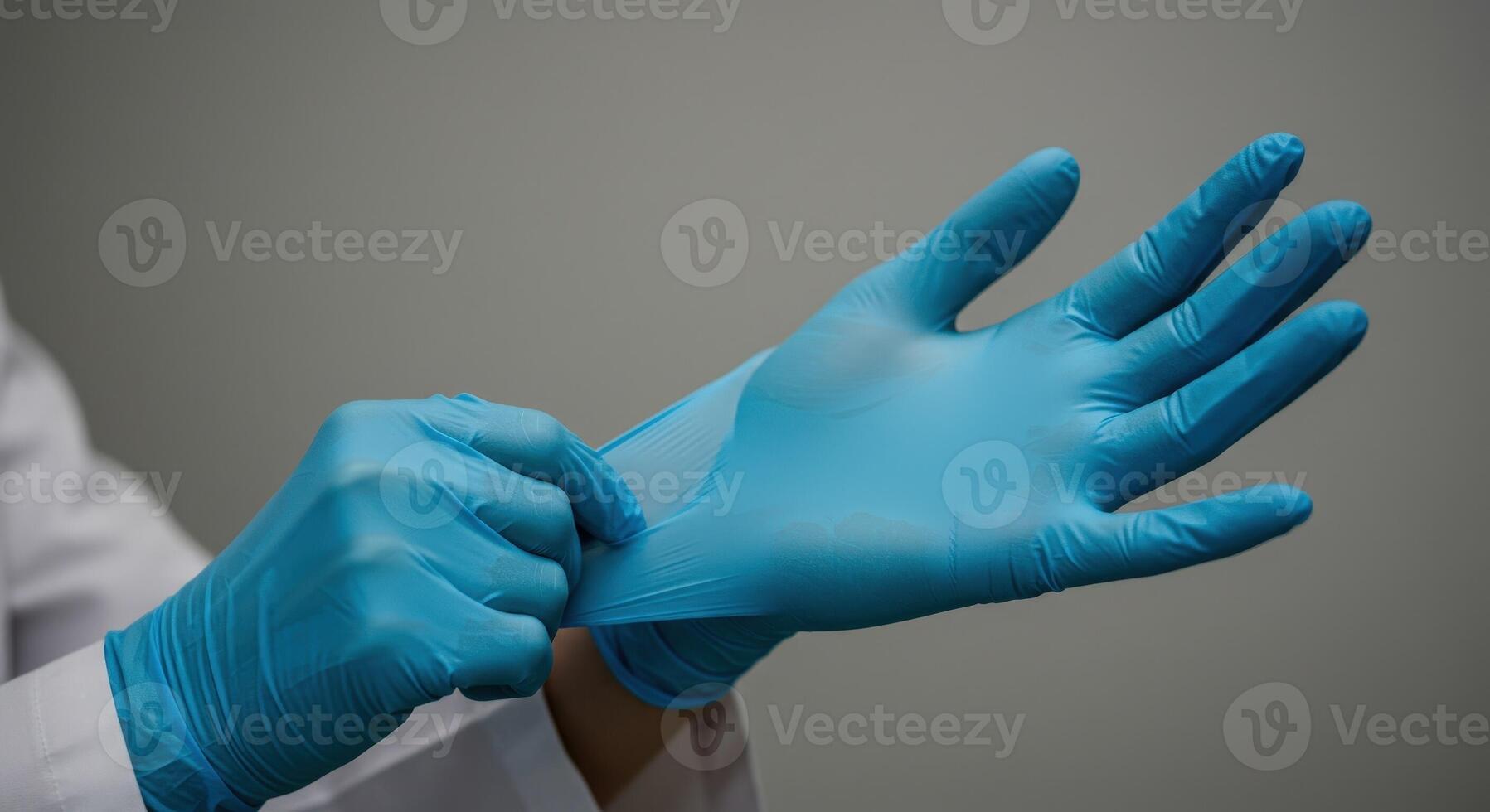 A person in a white coat is holding a blue glove photo