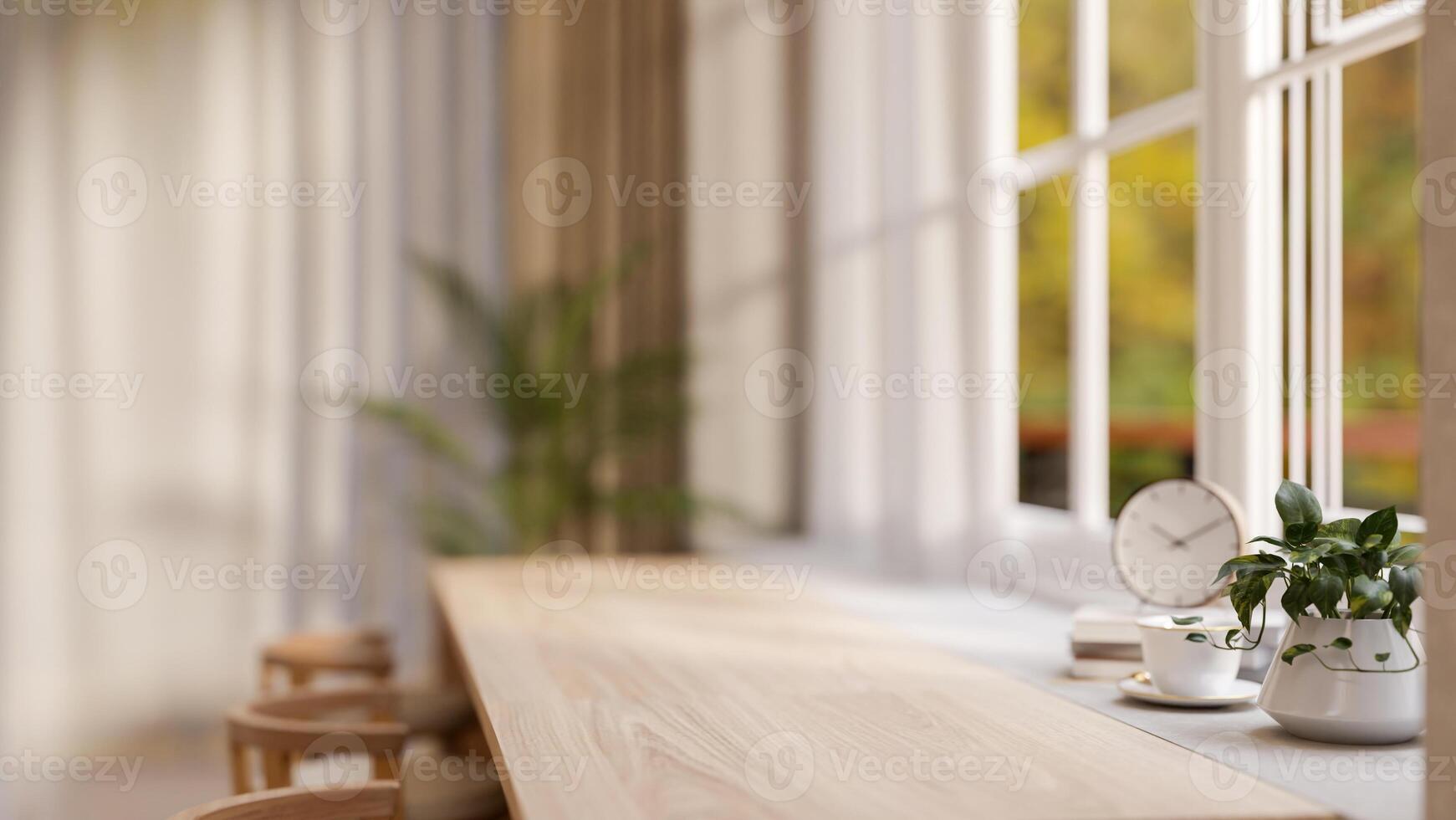 A close-up of a copy space on a wooden desk against a window in a cozy Scandinavian coffee shop. photo