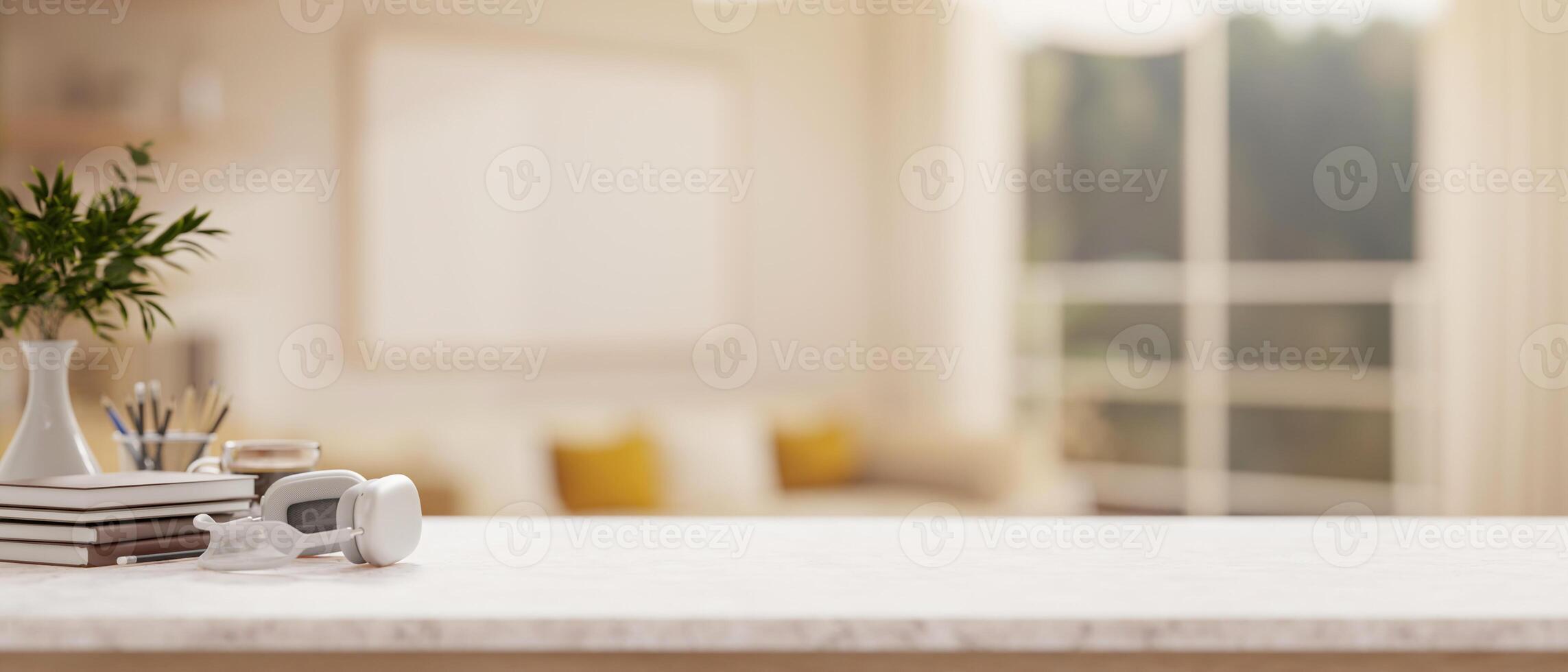 A white tabletop with a blurred background of a modern living room. photo