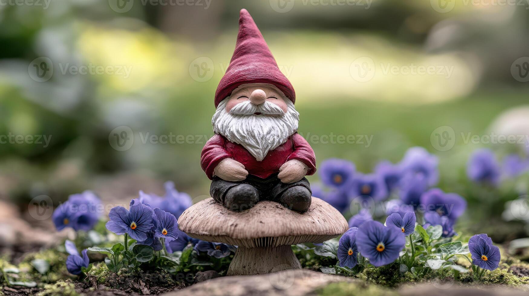 tiny garden gnome sitting on mushroom surrounded by purple flowers photo