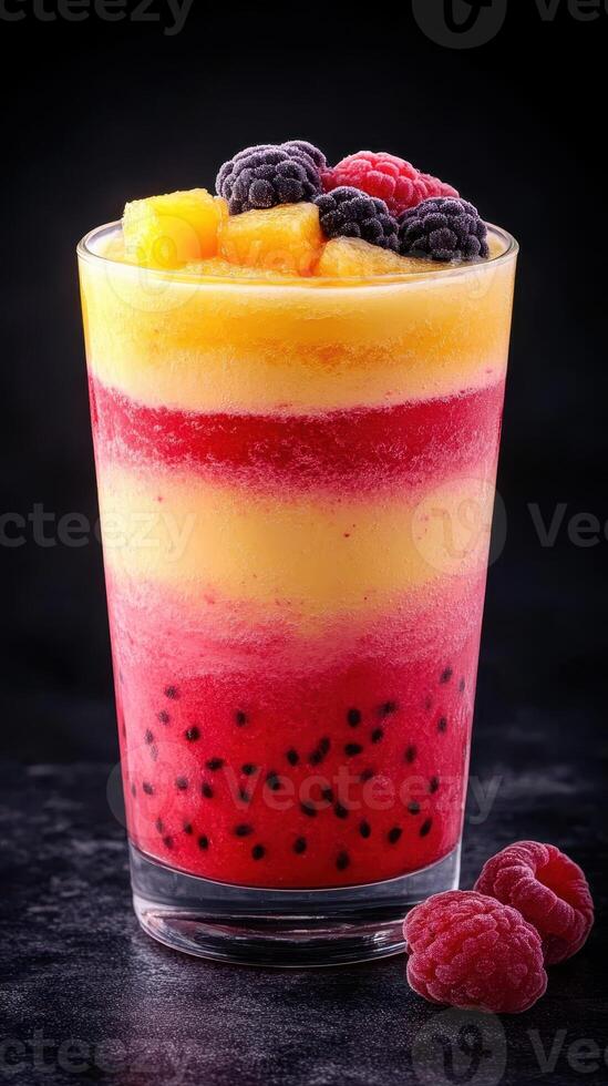 Freshly blended smoothie with vibrant layers of fruit flavors and textures photo