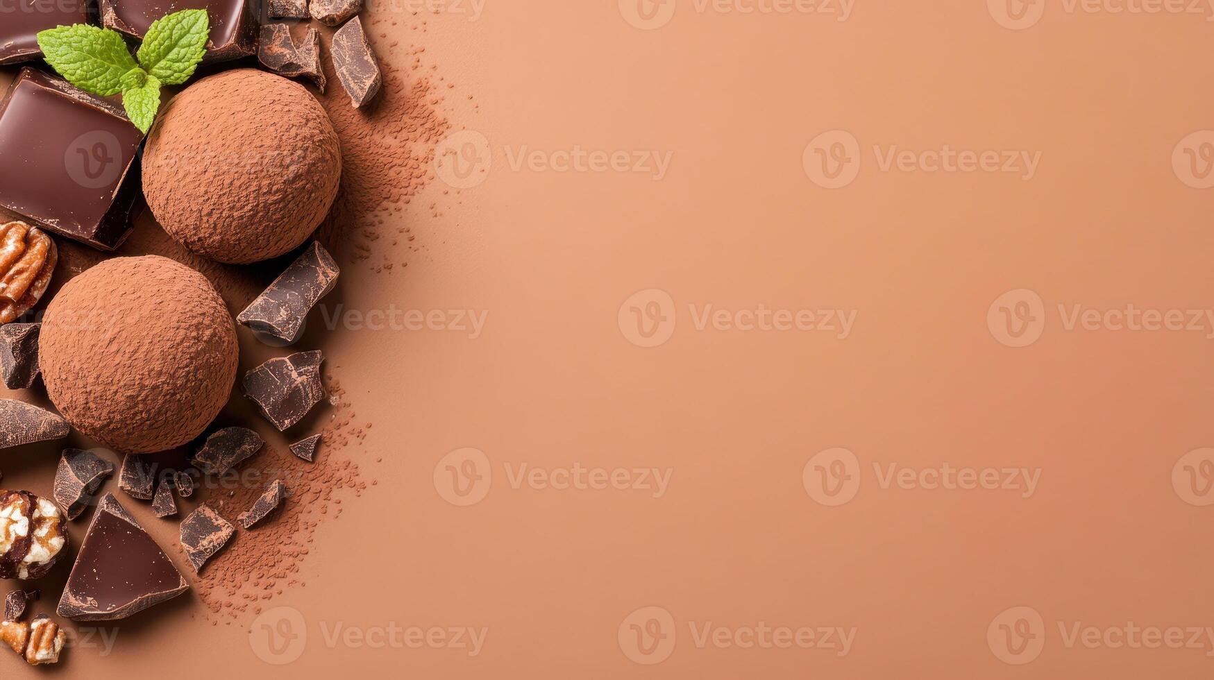 Delicious chocolate truffles with nuts and mint on brown background photo