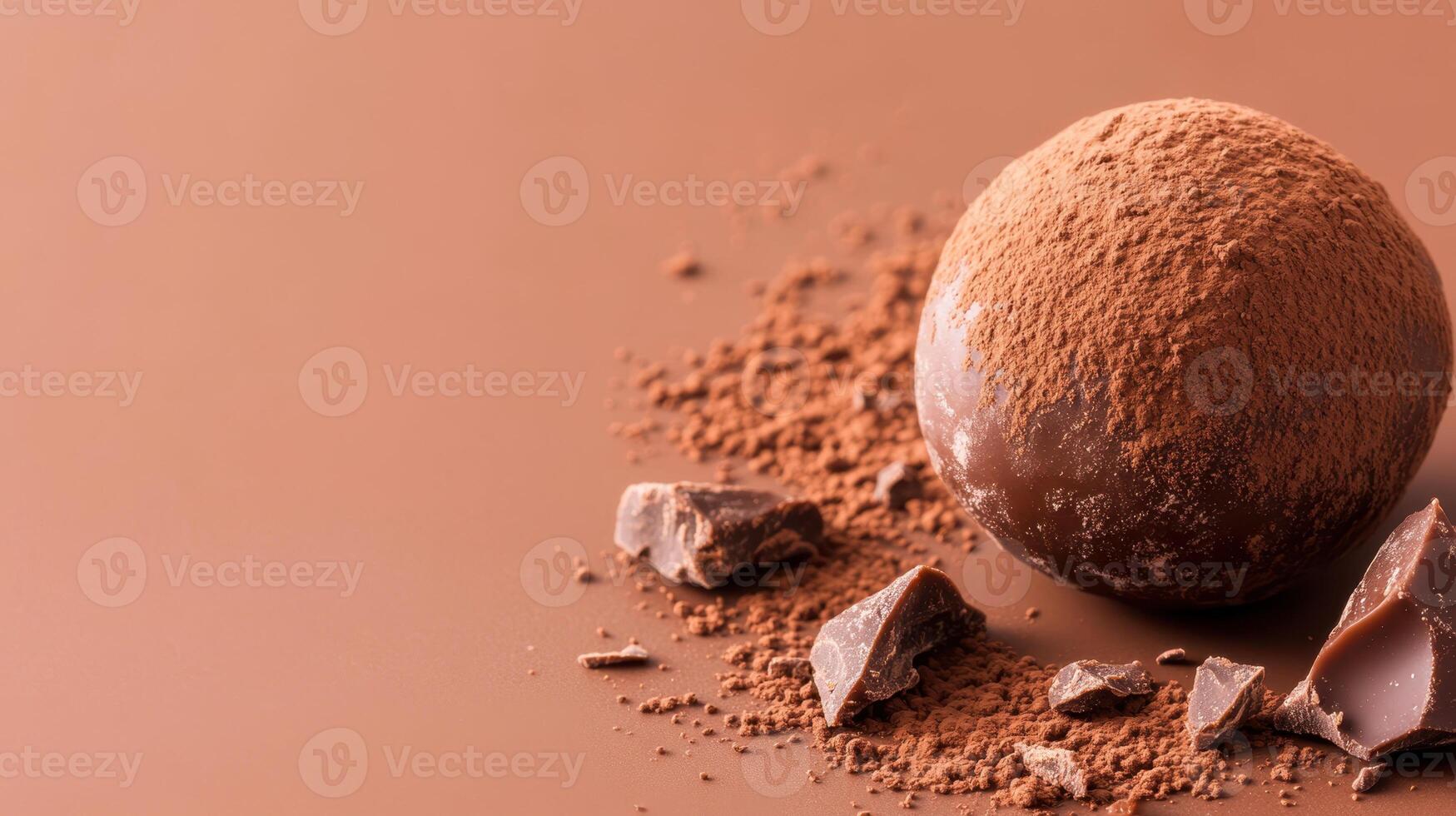 perfectly round chocolate truffle dusted with cocoa powder, surrounded by chocolate pieces photo