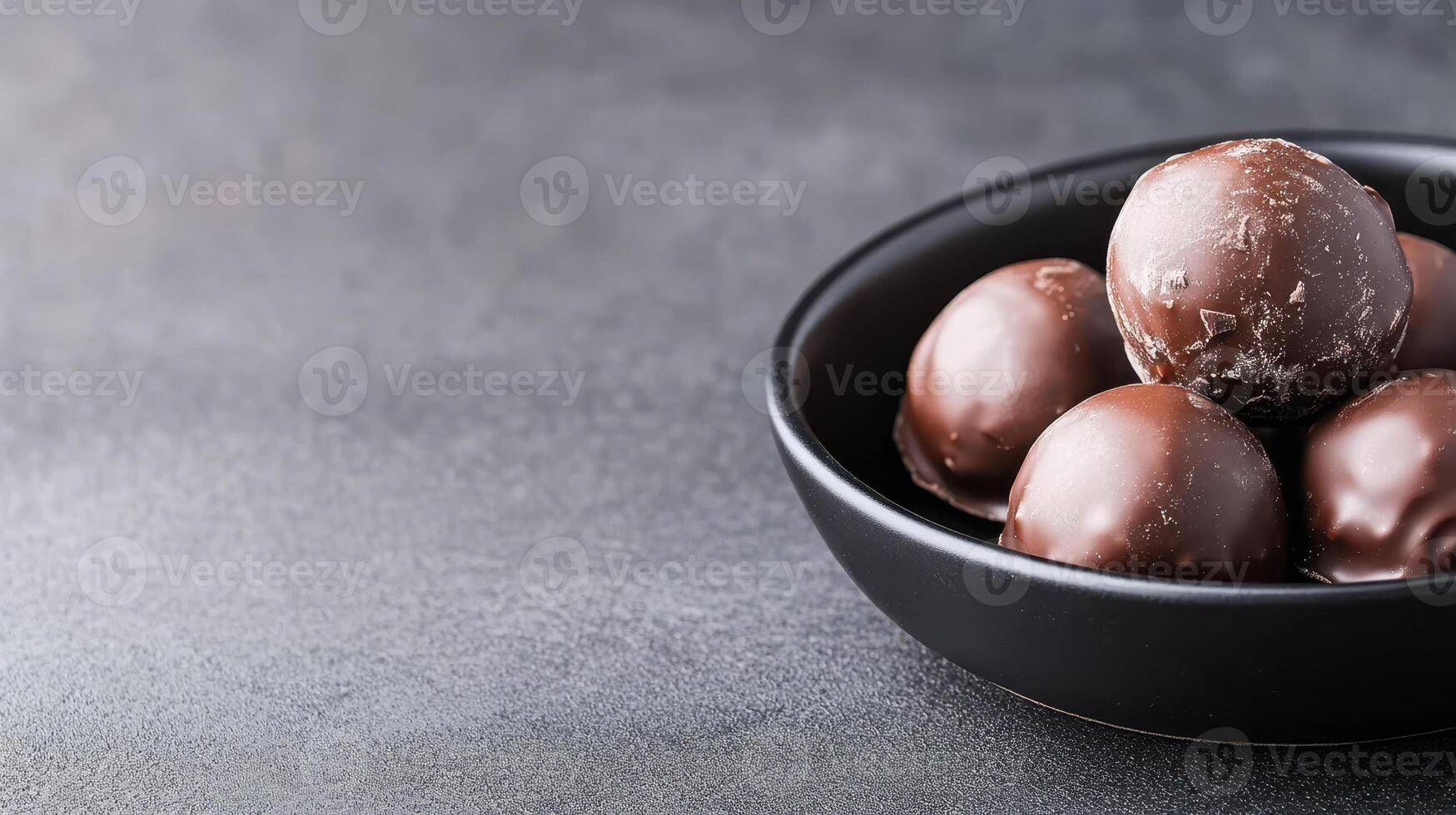 Delicious chocolate truffles in matte black bowl on dark surface photo