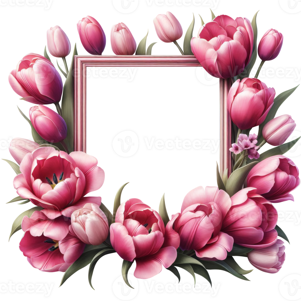 Decorative frame of bright tulips is perfect for spring greetings png