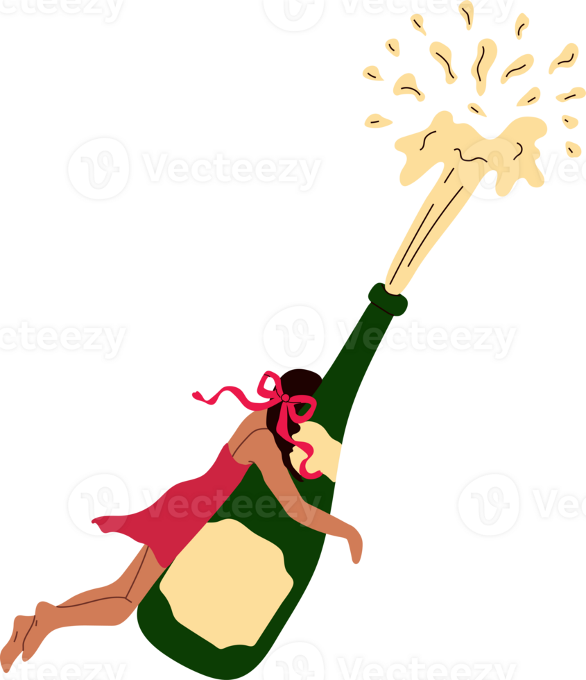 A woman soaring through the air with a bottle of champagne it's party time png