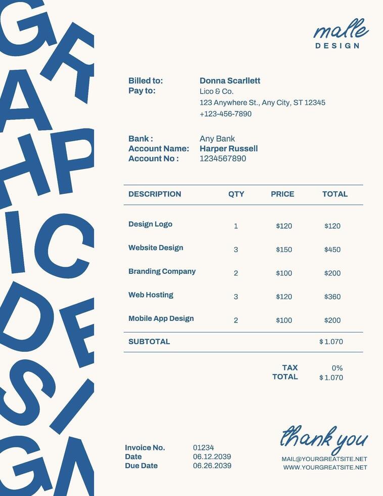graphic design invoice template in blue