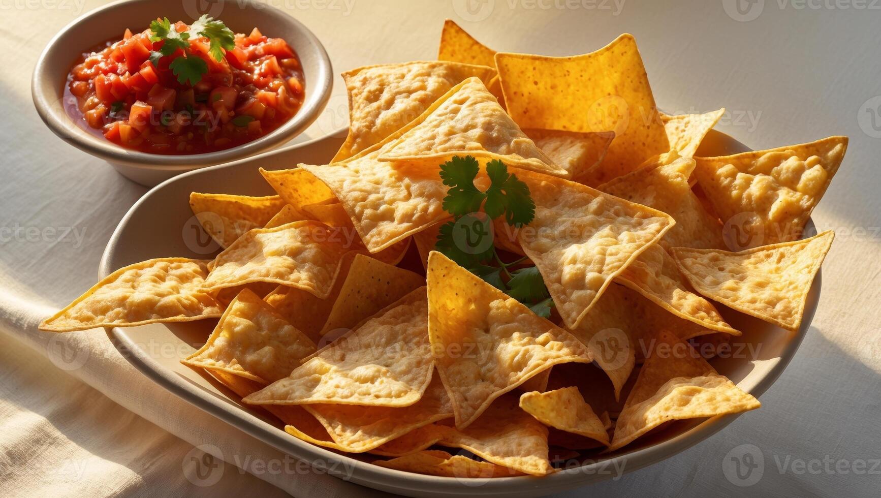 A bowl of tortilla chips with a side of salsa and cilantro. photo