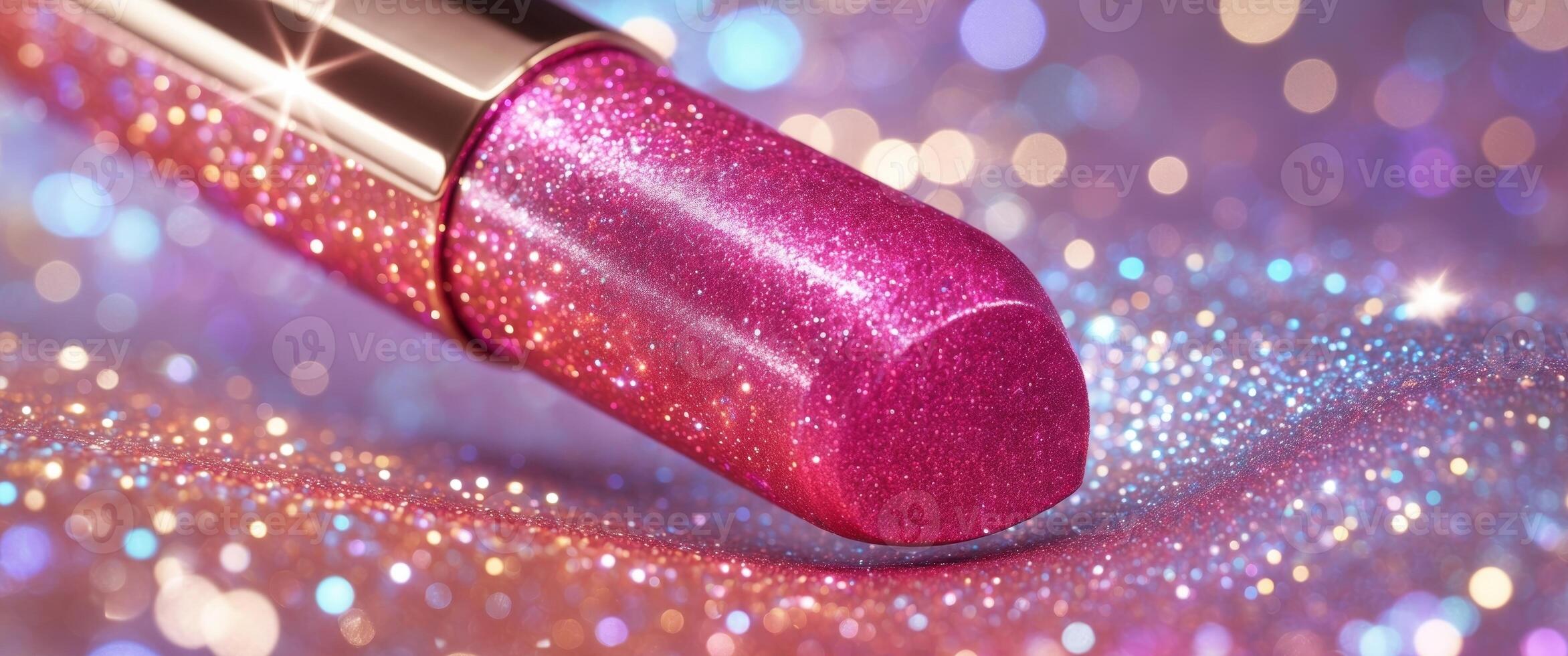 Pink glitter lipstick on sparkling background for beauty and makeup use. photo
