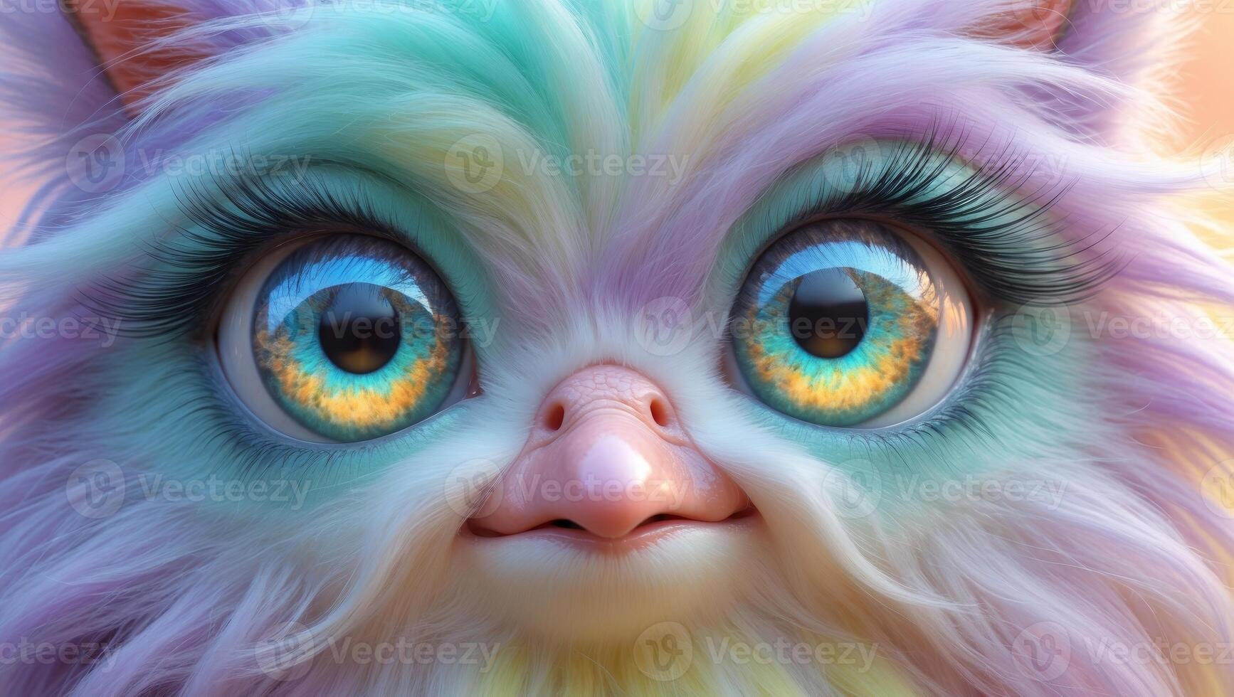 A Colorful and Adorable Furry Creature featuring Big Expressive Eyes and a Cute Pink Beak photo
