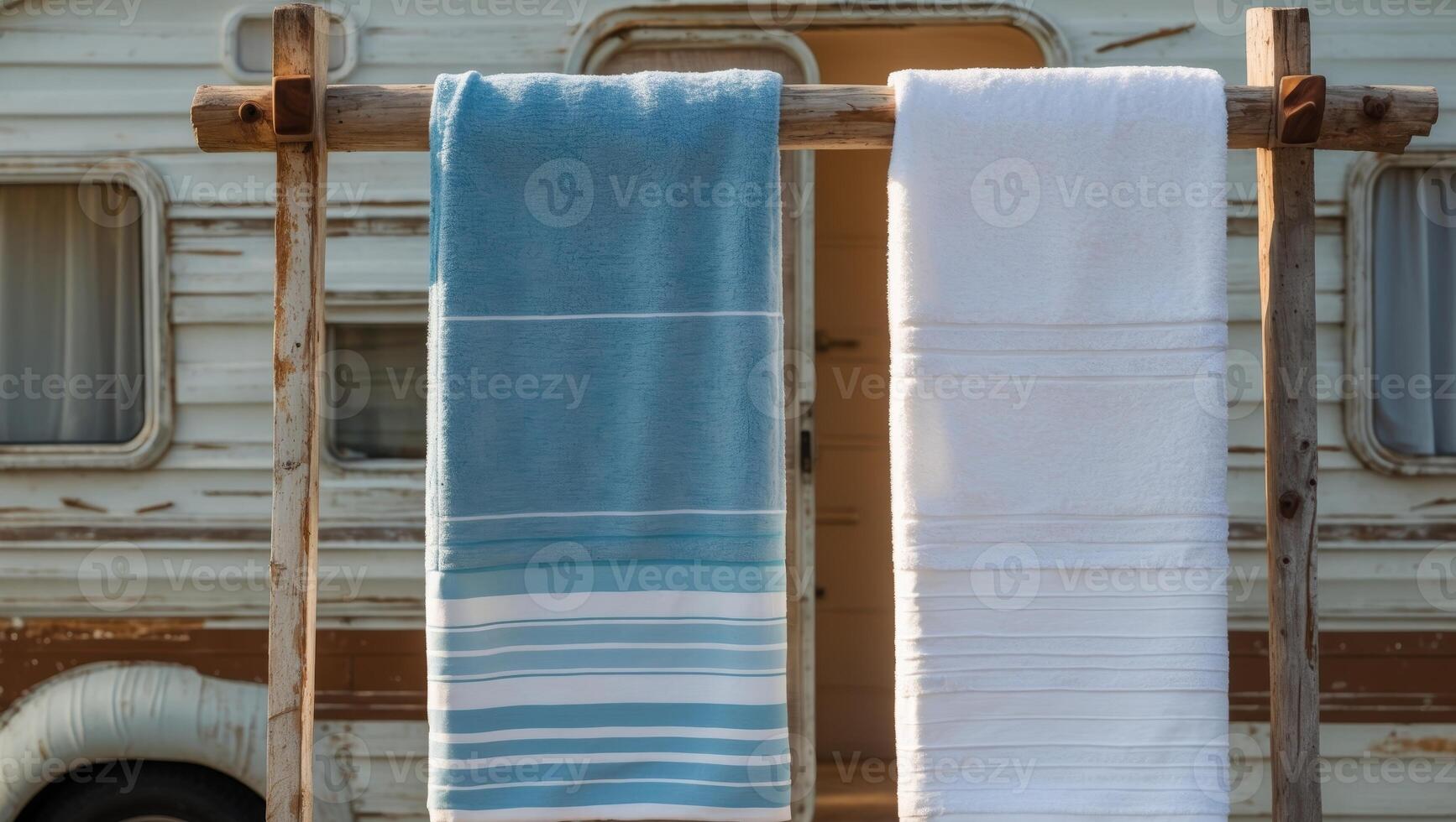 Towels drying on rack in front of a camper. photo