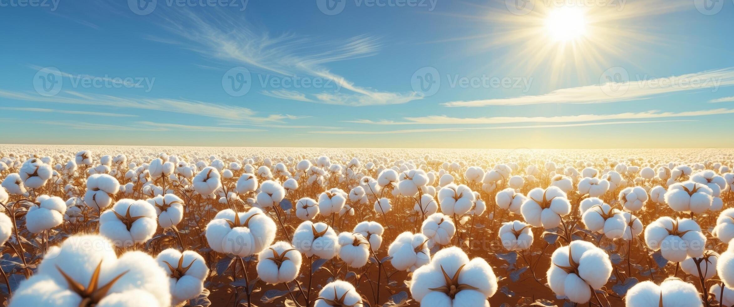 Scenic view of a cotton field with sun light. photo